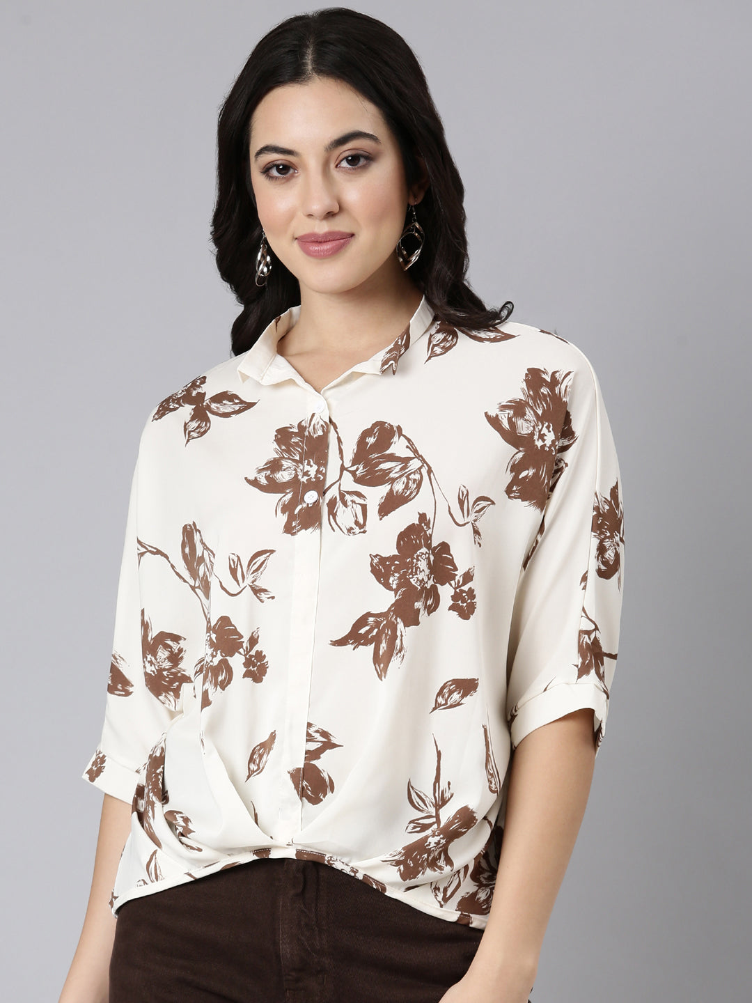 Women Floral Shirt Style Brown Over Sized Top