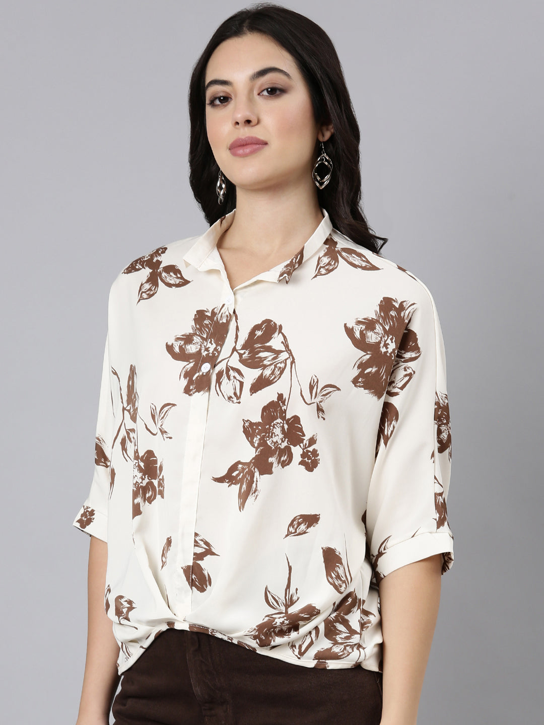 Women Floral Shirt Style Brown Over Sized Top