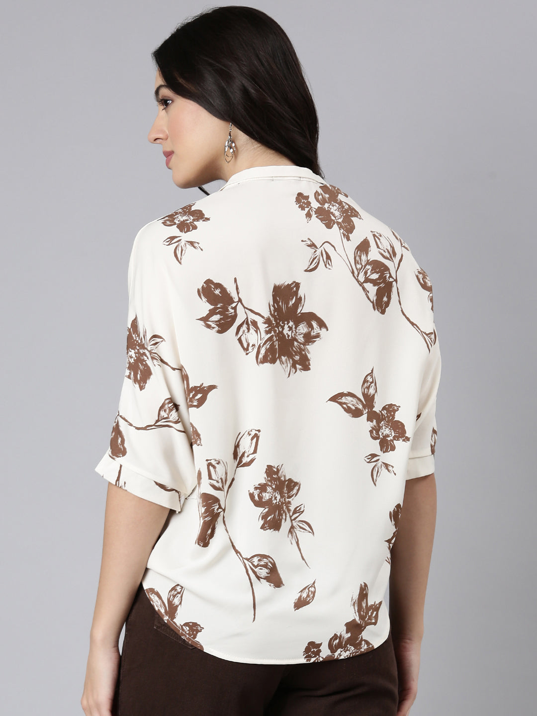 Women Floral Shirt Style Brown Over Sized Top