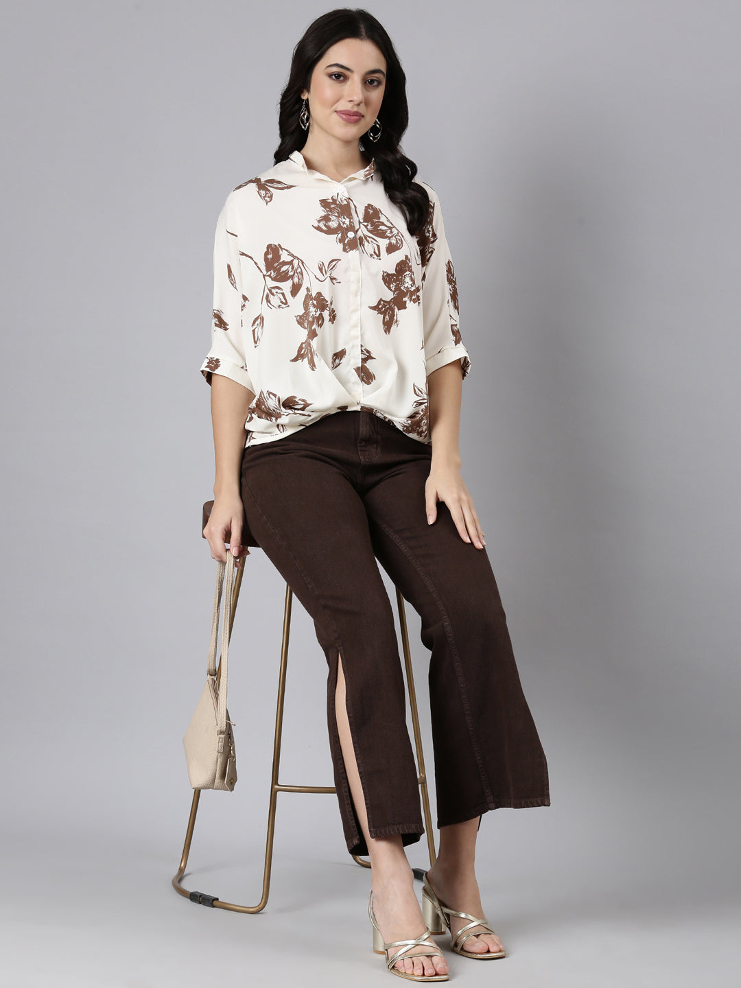 Women Floral Shirt Style Brown Over Sized Top