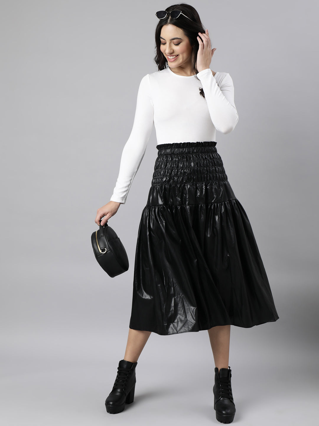 Women Solid Black Flared Midi Skirt