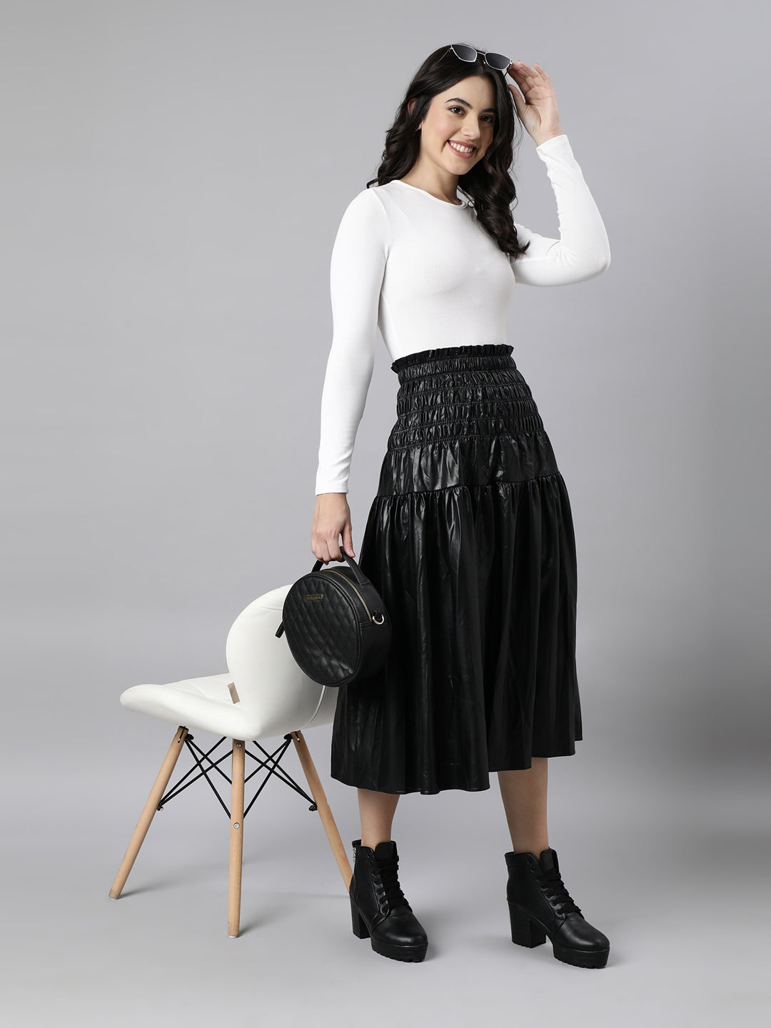 Women Solid Black Flared Midi Skirt