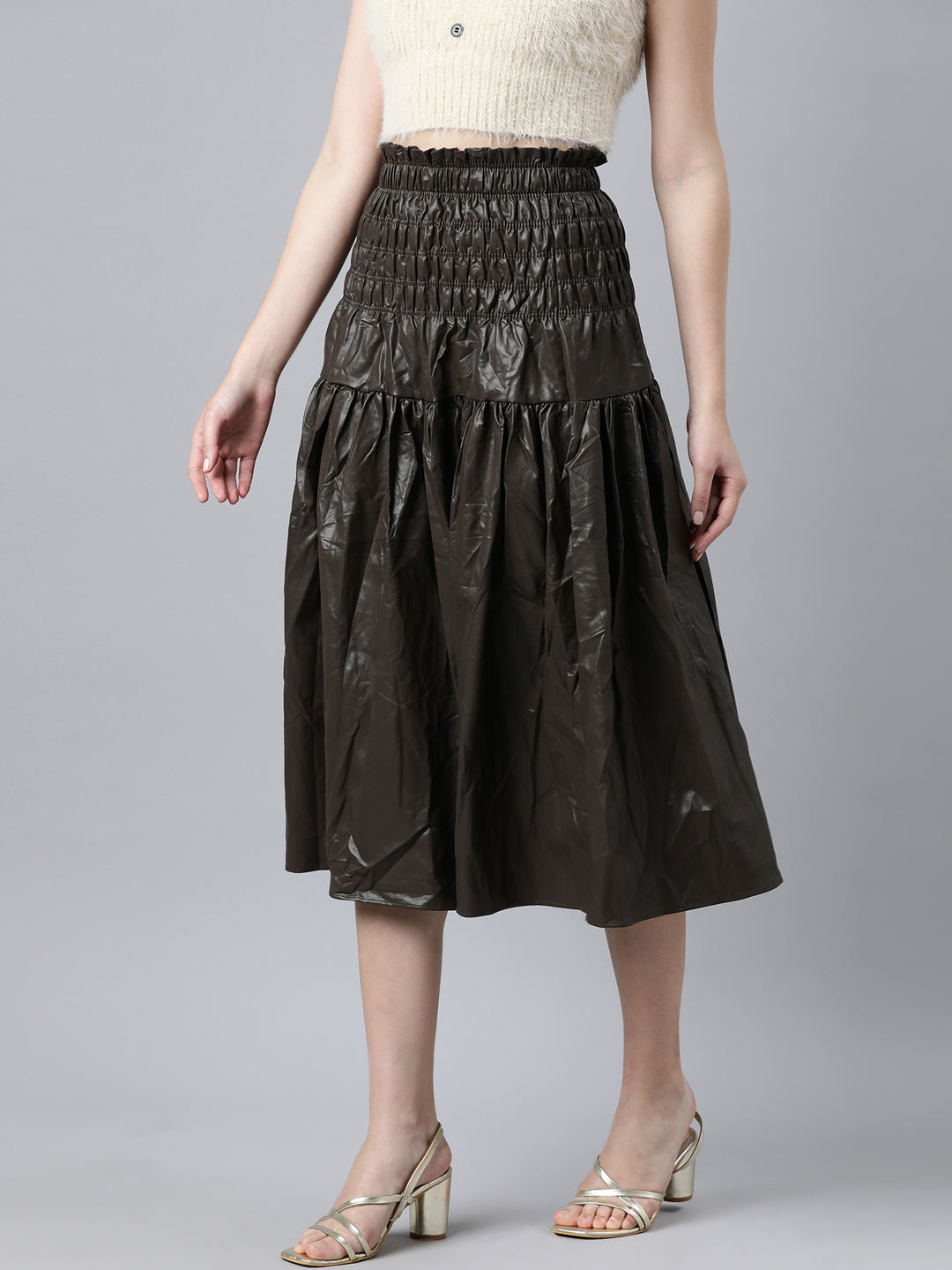 Women Solid Brown Flared Midi Skirt