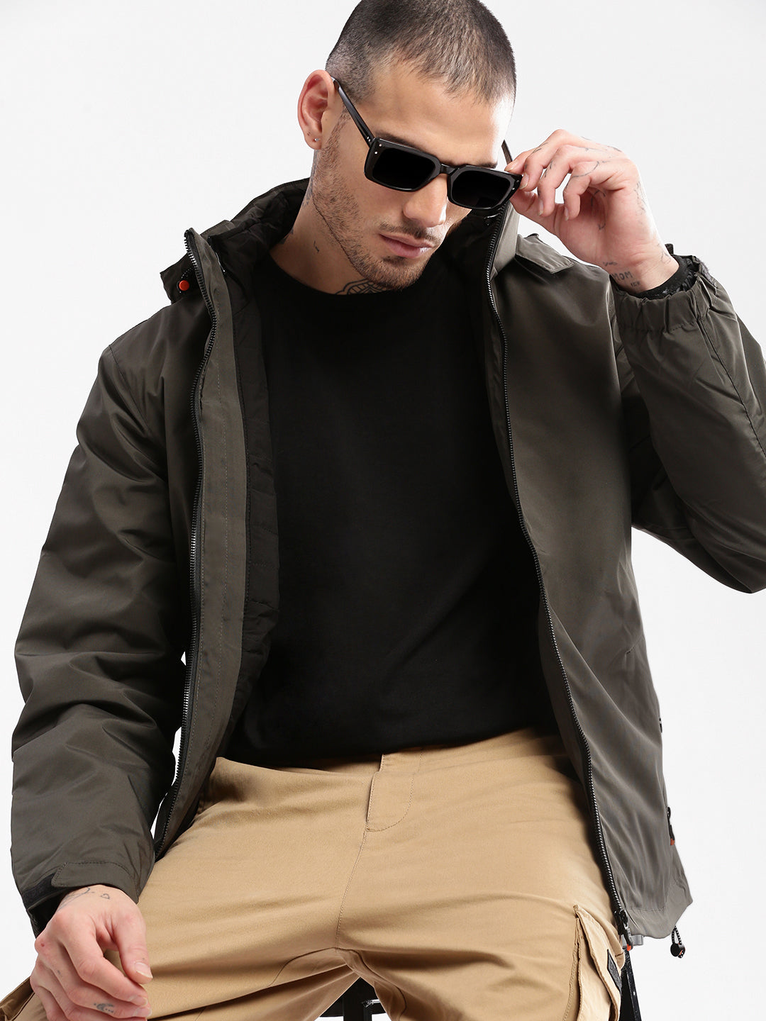 Men Hooded Olive Solid Tailored Oversized Jacket comes with Detachable Hoodie and Inner Jacket