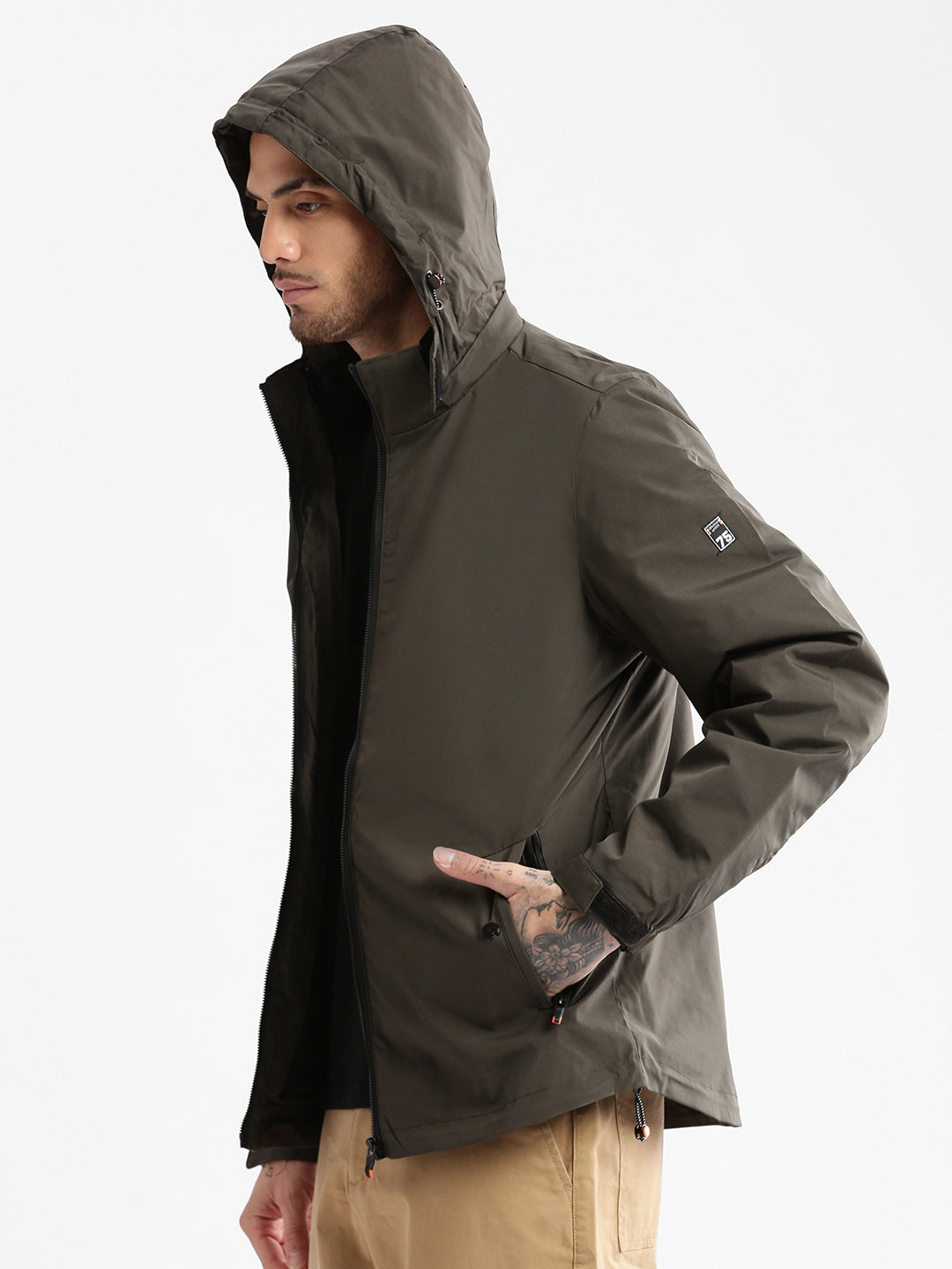 Men Hooded Olive Solid Tailored Oversized Jacket comes with Detachable Hoodie and Inner Jacket