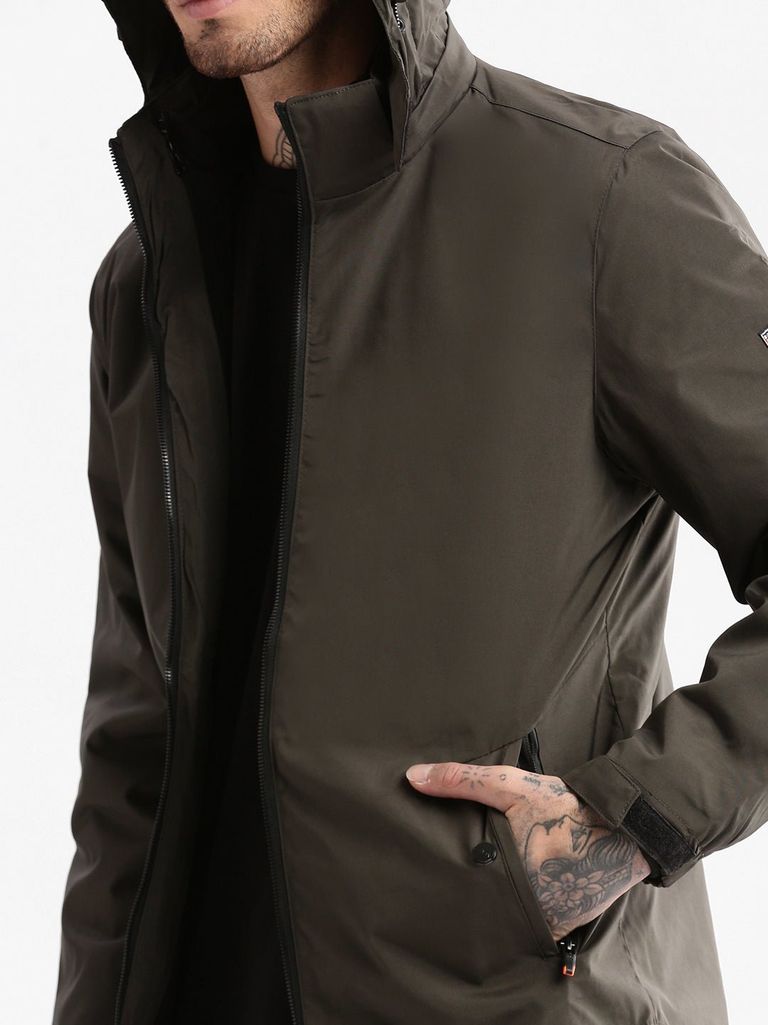 Men Hooded Olive Solid Tailored Oversized Jacket comes with Detachable Hoodie and Inner Jacket