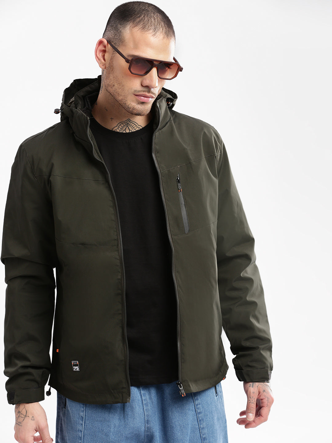 Men Hooded Olive Solid Tailored Oversized Jacket comes with Detachable Hoodie and Inner Jacket