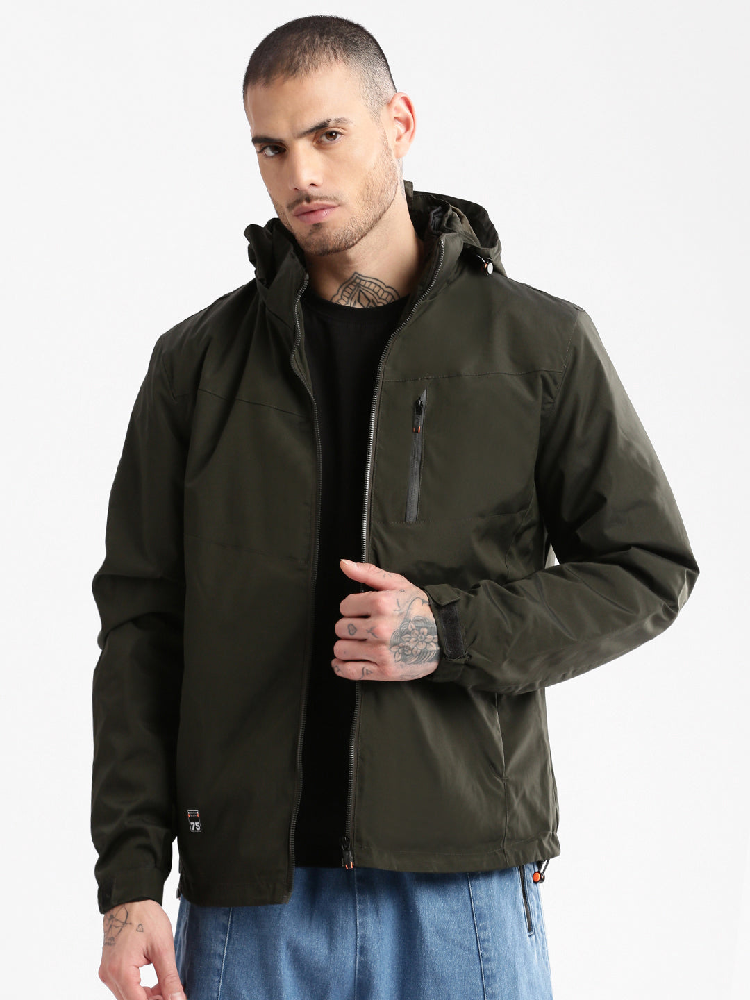 Men Hooded Olive Solid Tailored Oversized Jacket comes with Detachable Hoodie and Inner Jacket