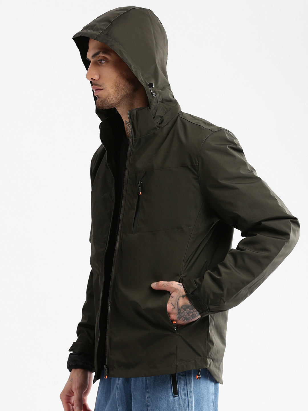 Men Hooded Olive Solid Tailored Oversized Jacket comes with Detachable Hoodie and Inner Jacket