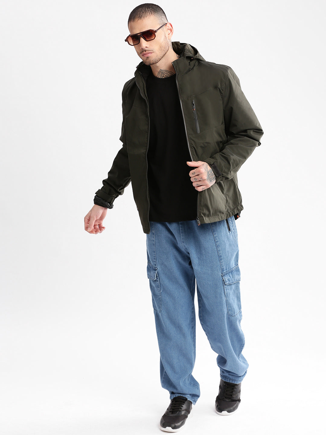 Men Hooded Olive Solid Tailored Oversized Jacket comes with Detachable Hoodie and Inner Jacket