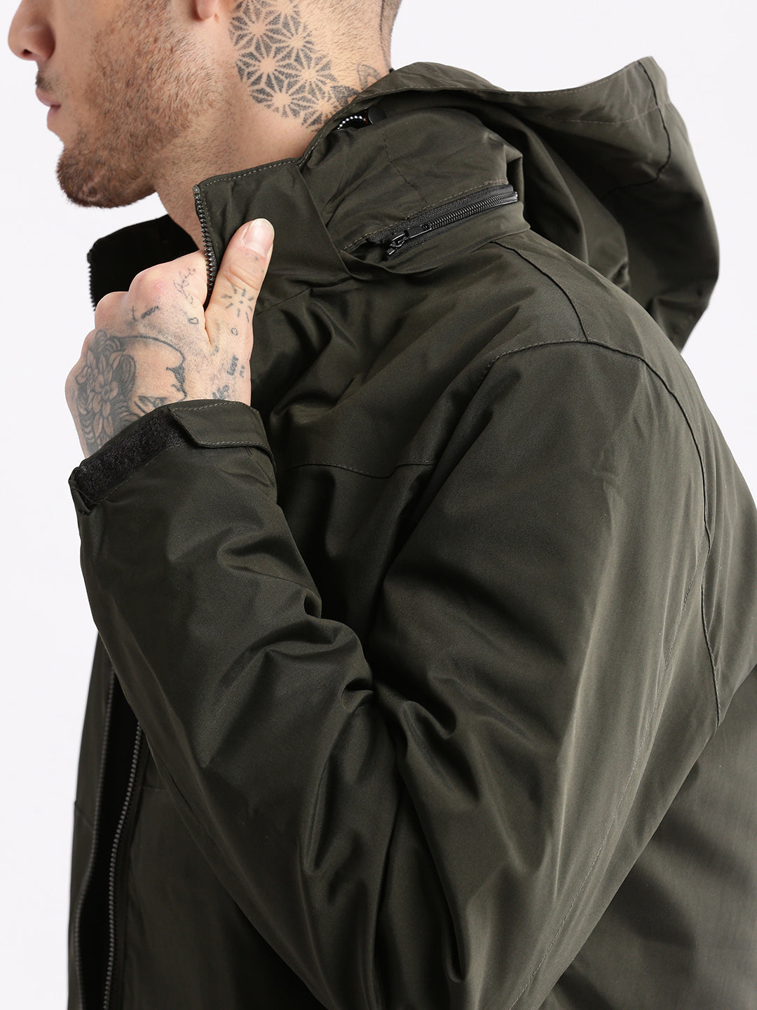 Men Hooded Olive Solid Tailored Oversized Jacket comes with Detachable Hoodie and Inner Jacket