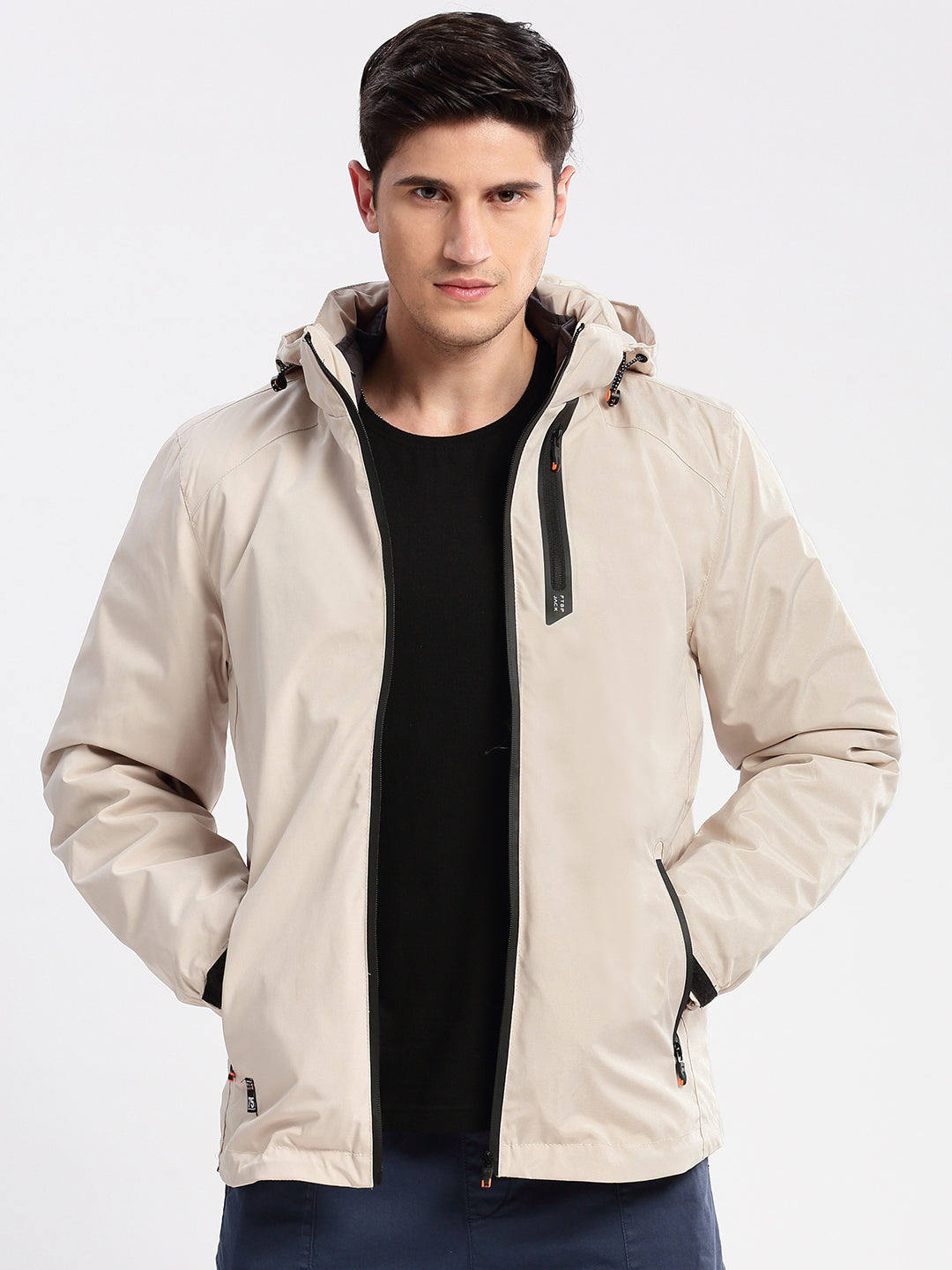 Men Hooded Cream Solid Tailored Oversized Jacket comes with Detachable Hoodie and Inner Jacket