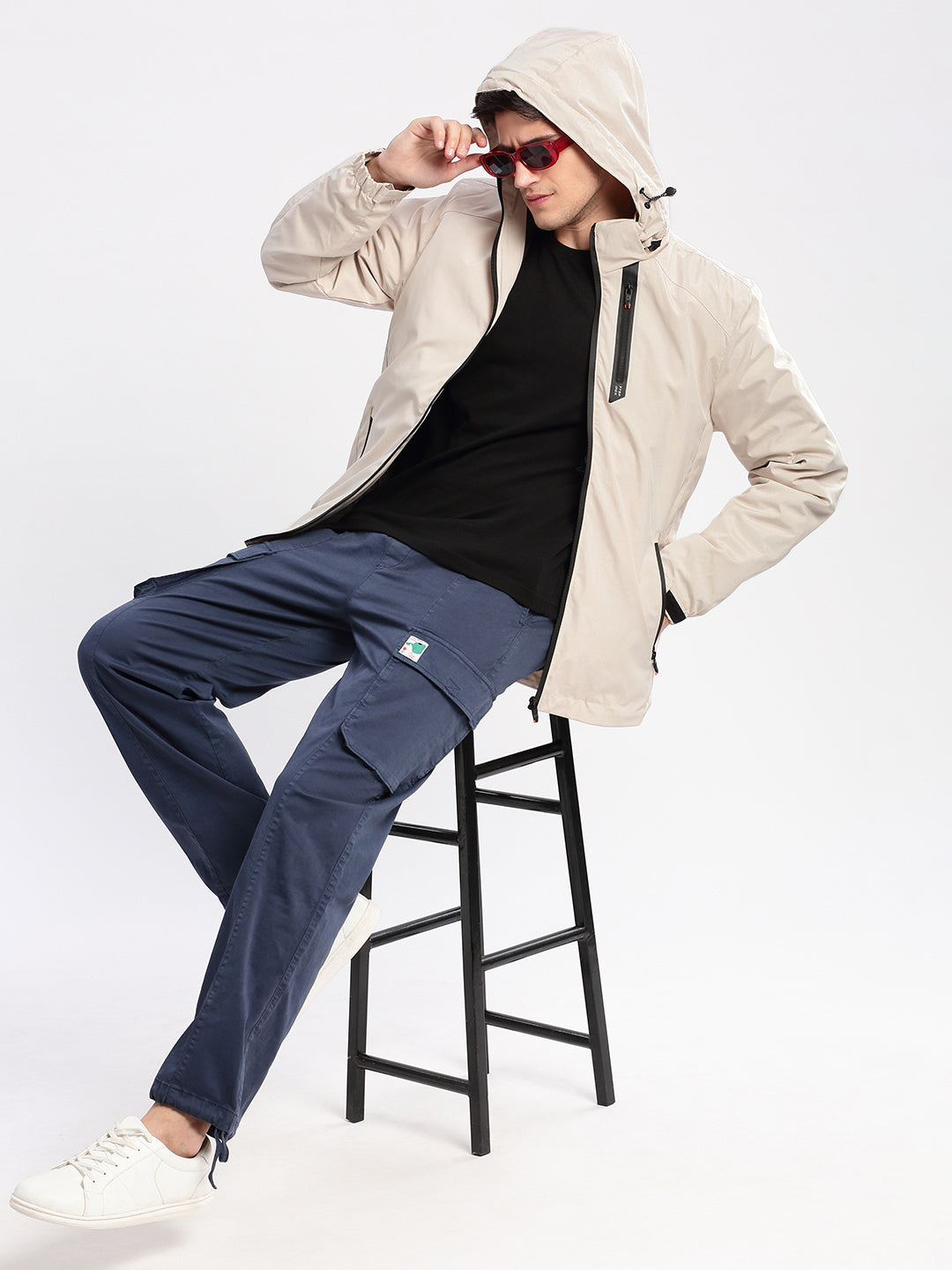 Men Hooded Cream Solid Tailored Oversized Jacket comes with Detachable Hoodie and Inner Jacket