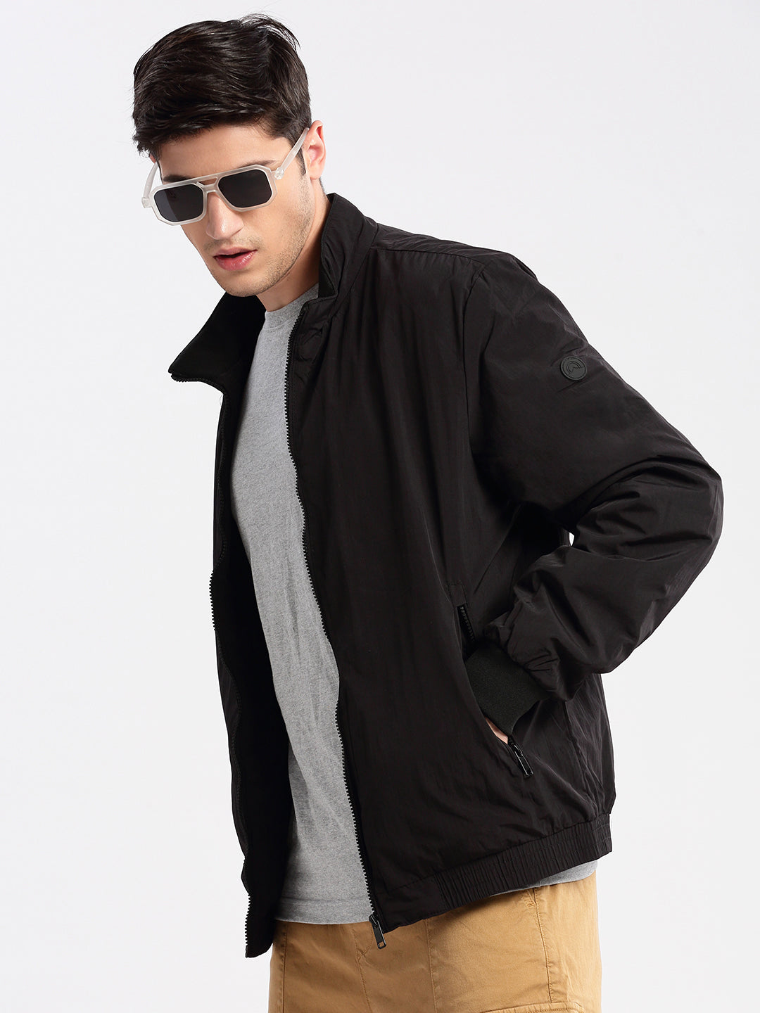 Men's Mock Collar Black Slim-Fit Bomber Jacket