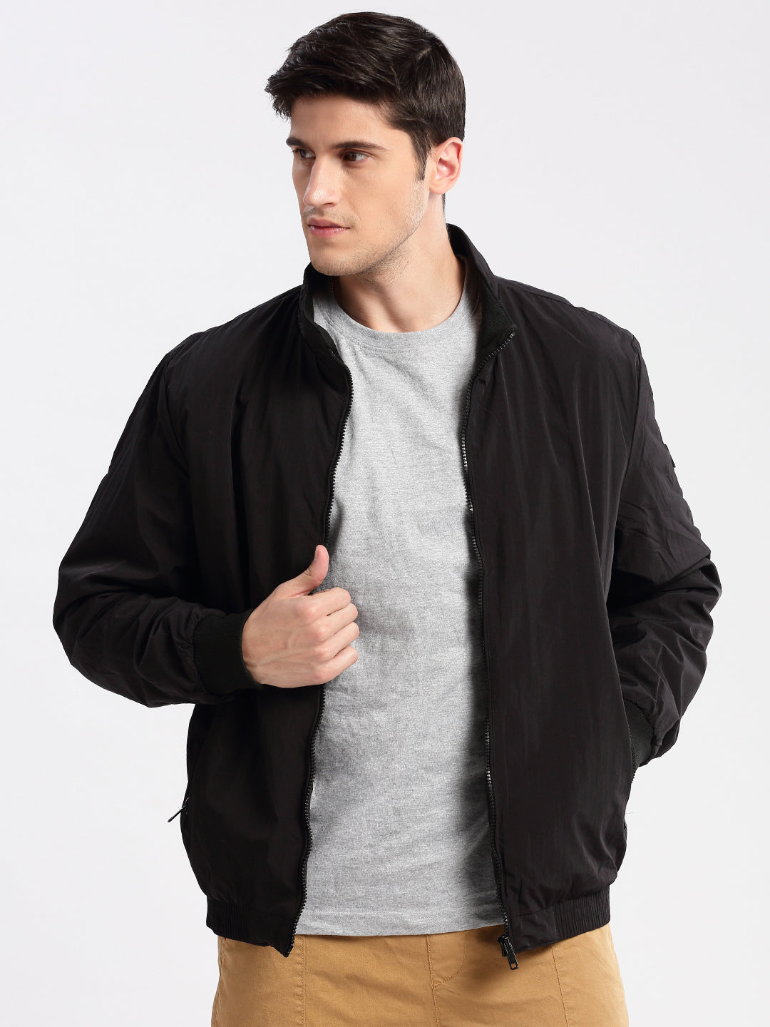 Men's Mock Collar Black Slim-Fit Bomber Jacket