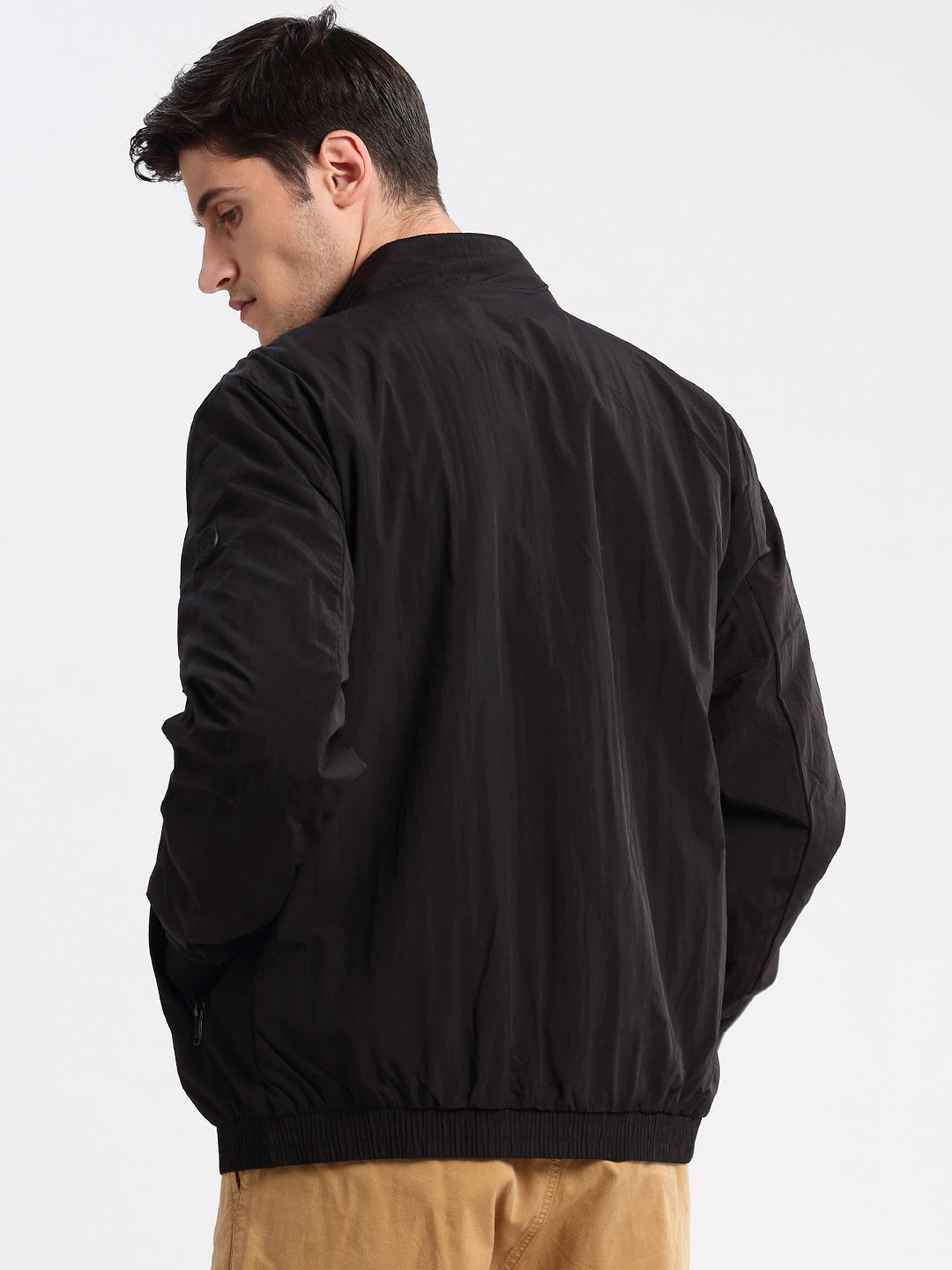 Men's Mock Collar Black Slim-Fit Bomber Jacket