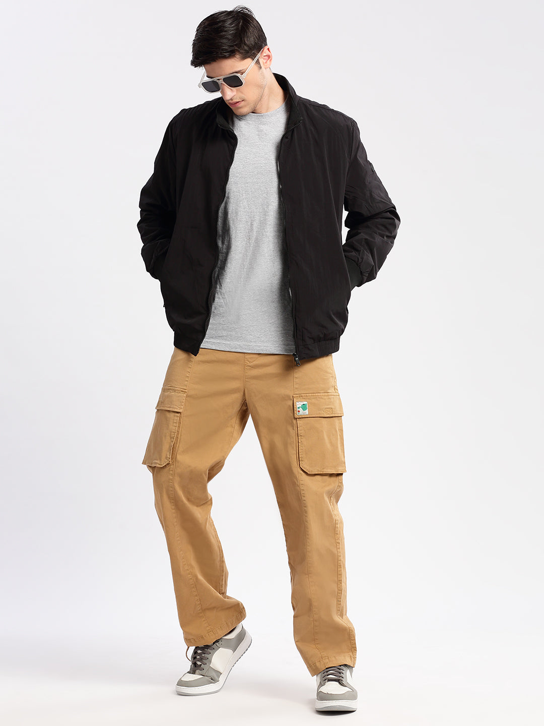 Men's Mock Collar Black Slim-Fit Bomber Jacket