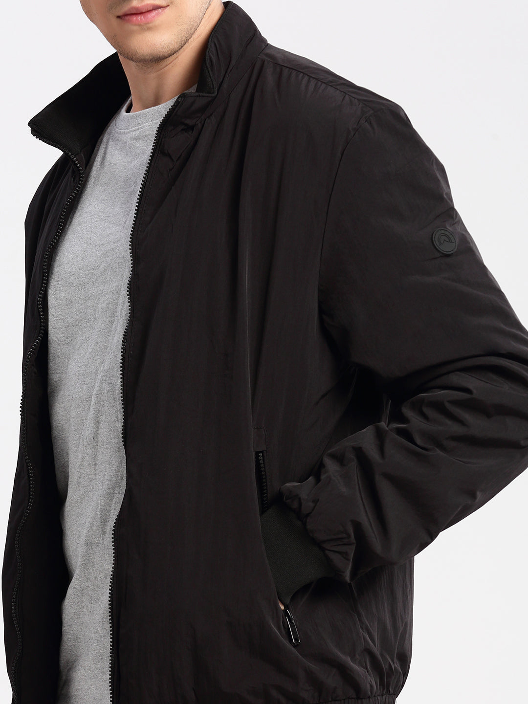 Men's Mock Collar Black Slim-Fit Bomber Jacket