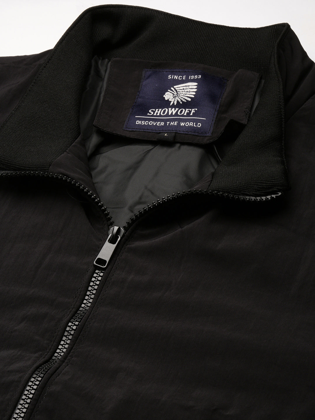 Men's Mock Collar Black Slim-Fit Bomber Jacket