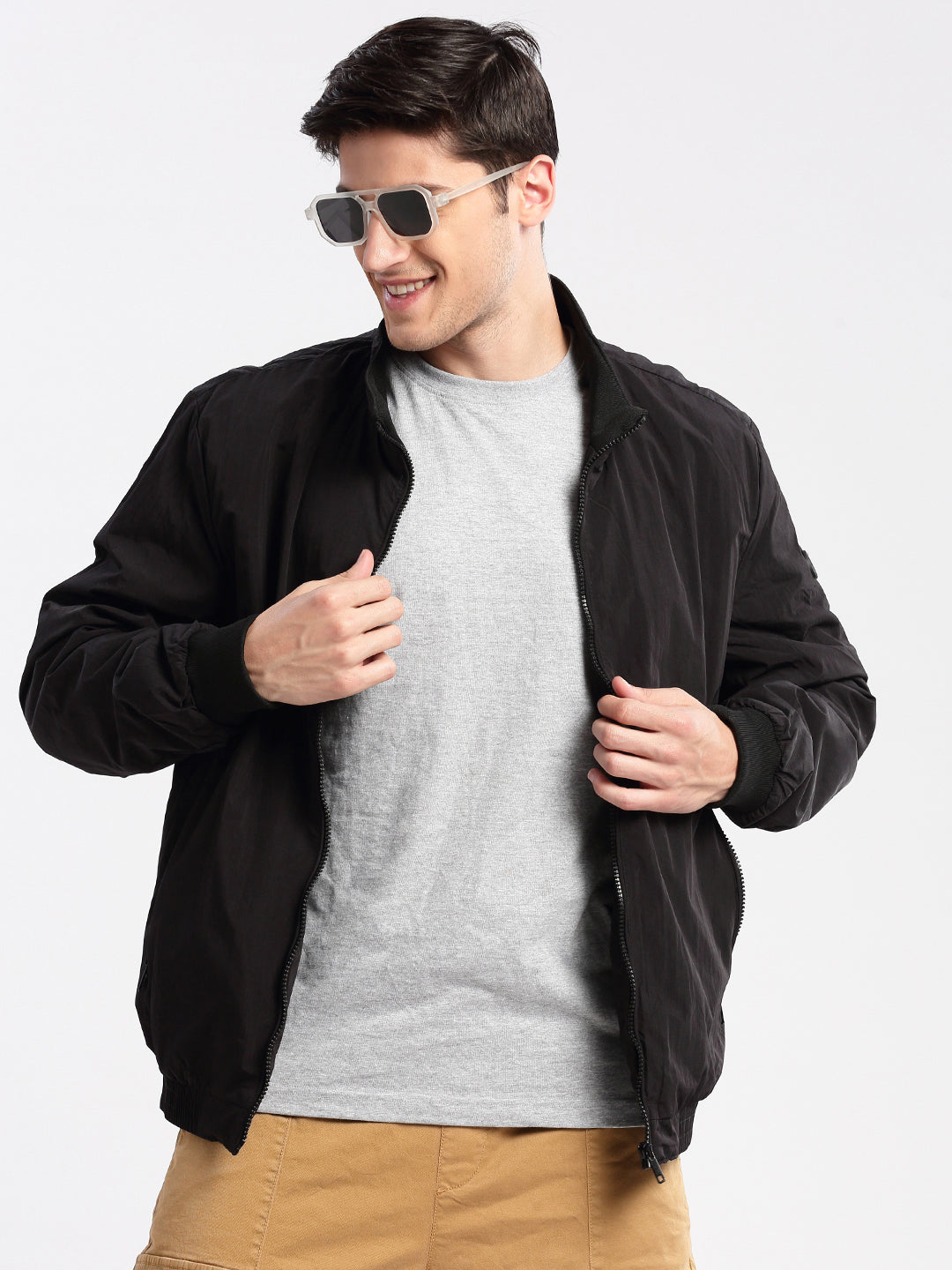 Men's Mock Collar Black Slim-Fit Bomber Jacket