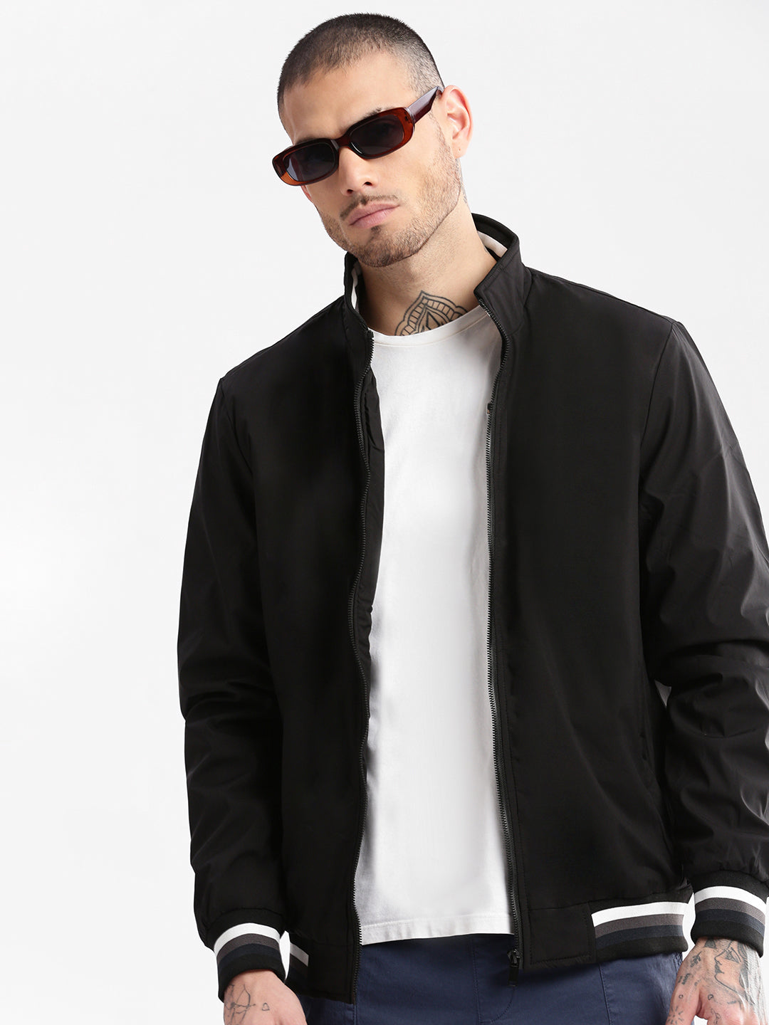 Men Mock Collar Black Solid Bomber Jacket