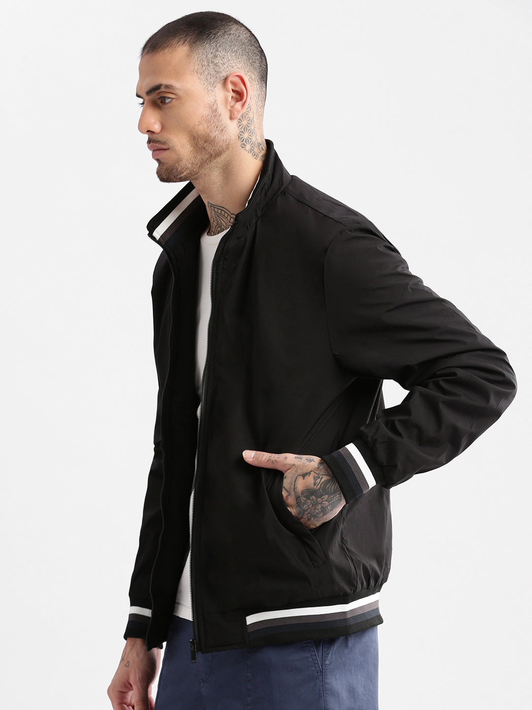 Men Mock Collar Black Solid Bomber Jacket