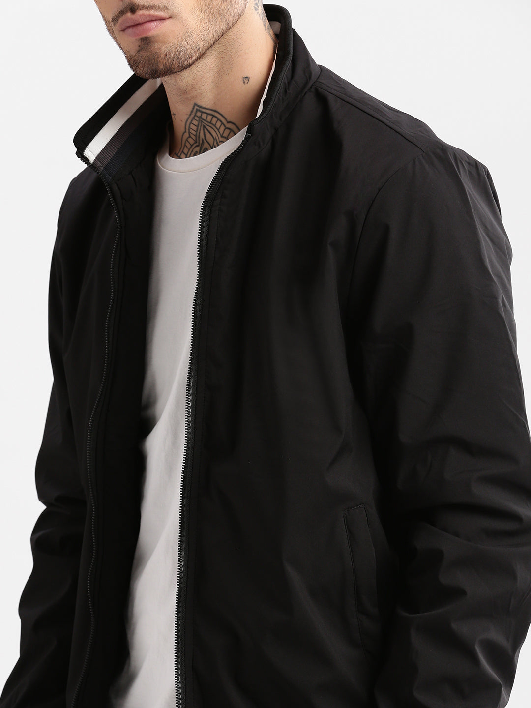 Men Mock Collar Black Solid Bomber Jacket