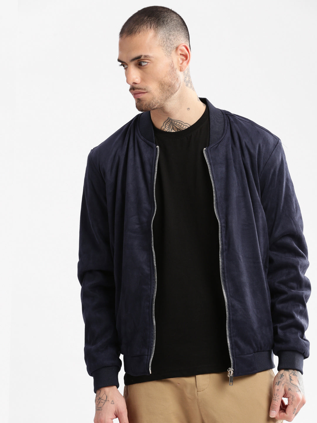 Men Mandarin Collar Navy Blue Solid Bomber Jacket