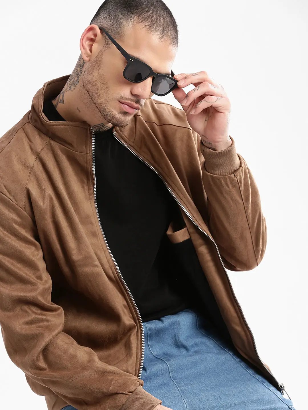 Men's Mock Collar Brown Solid Tailored Jacket