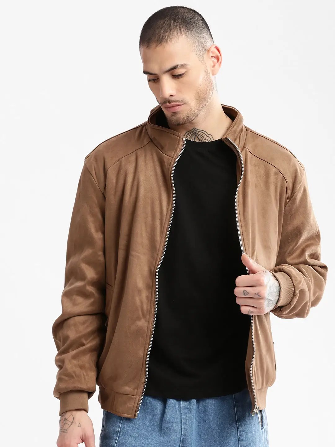 Men's Mock Collar Brown Solid Tailored Jacket