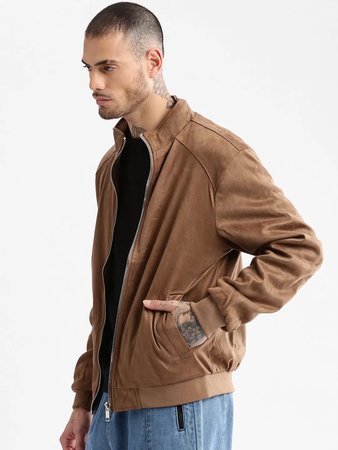 Men's Mock Collar Brown Solid Tailored Jacket