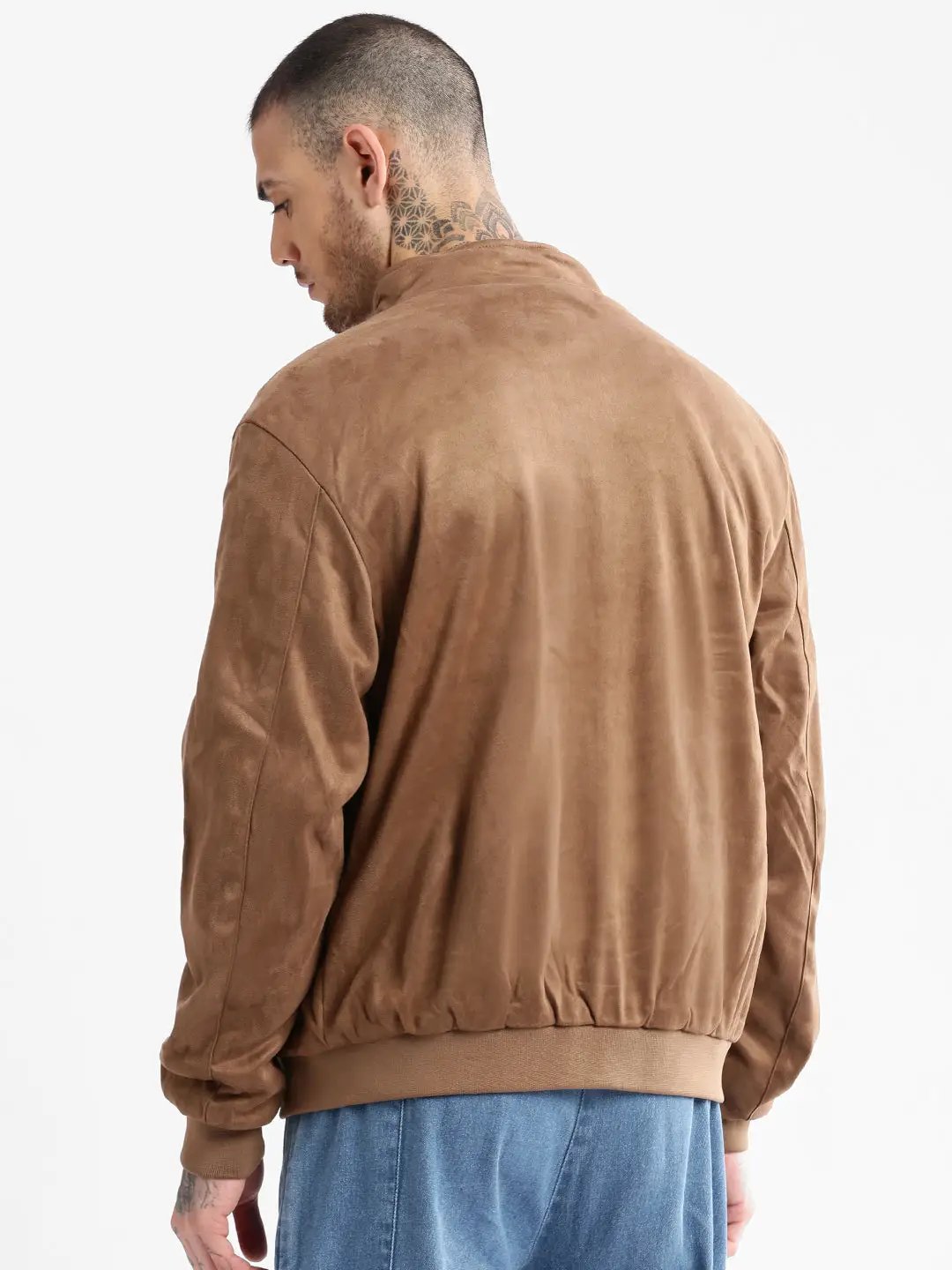 Men's Mock Collar Brown Solid Tailored Jacket