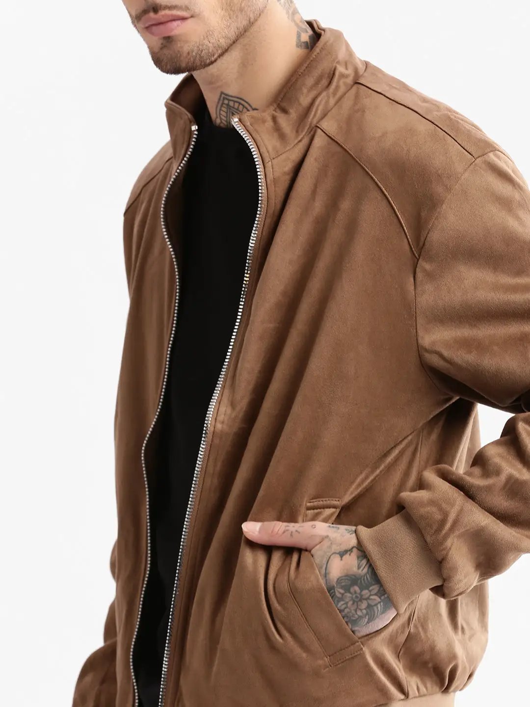 Men's Mock Collar Brown Solid Tailored Jacket