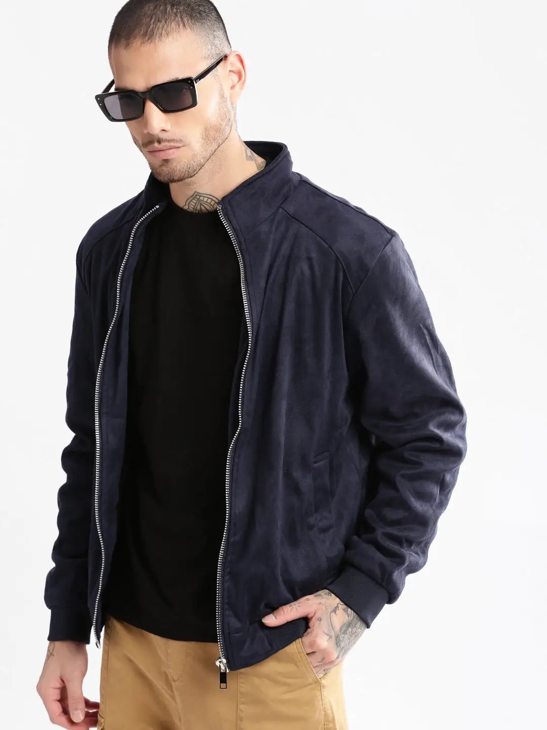 Men's Mock Collar Navy Blue Solid Tailored Jacket