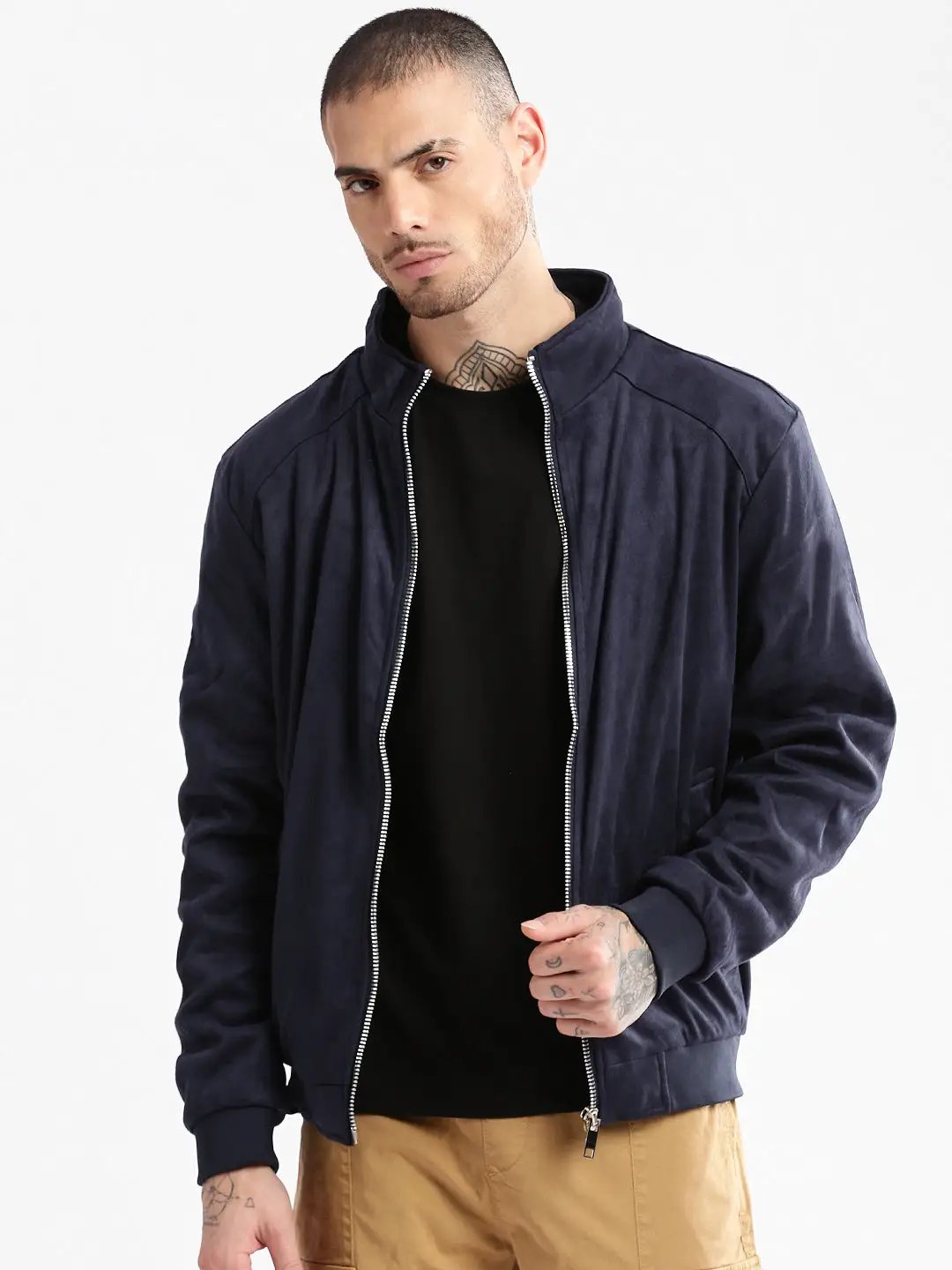 Men's Mock Collar Navy Blue Solid Tailored Jacket