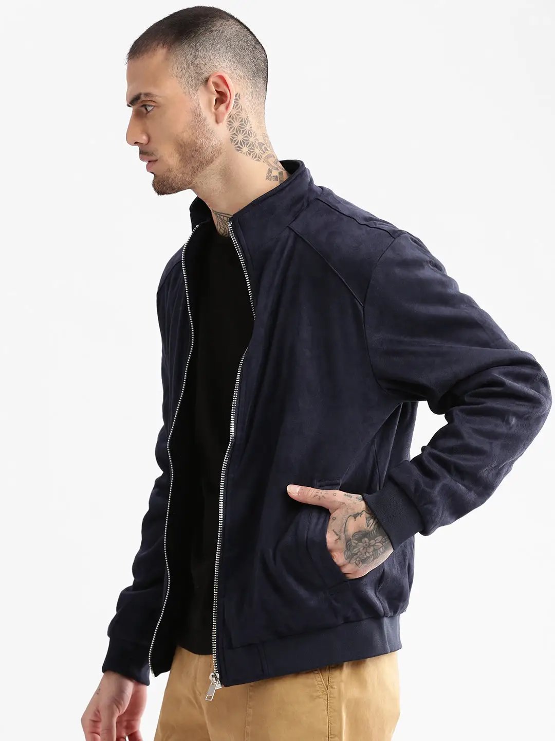 Men's Mock Collar Navy Blue Solid Tailored Jacket
