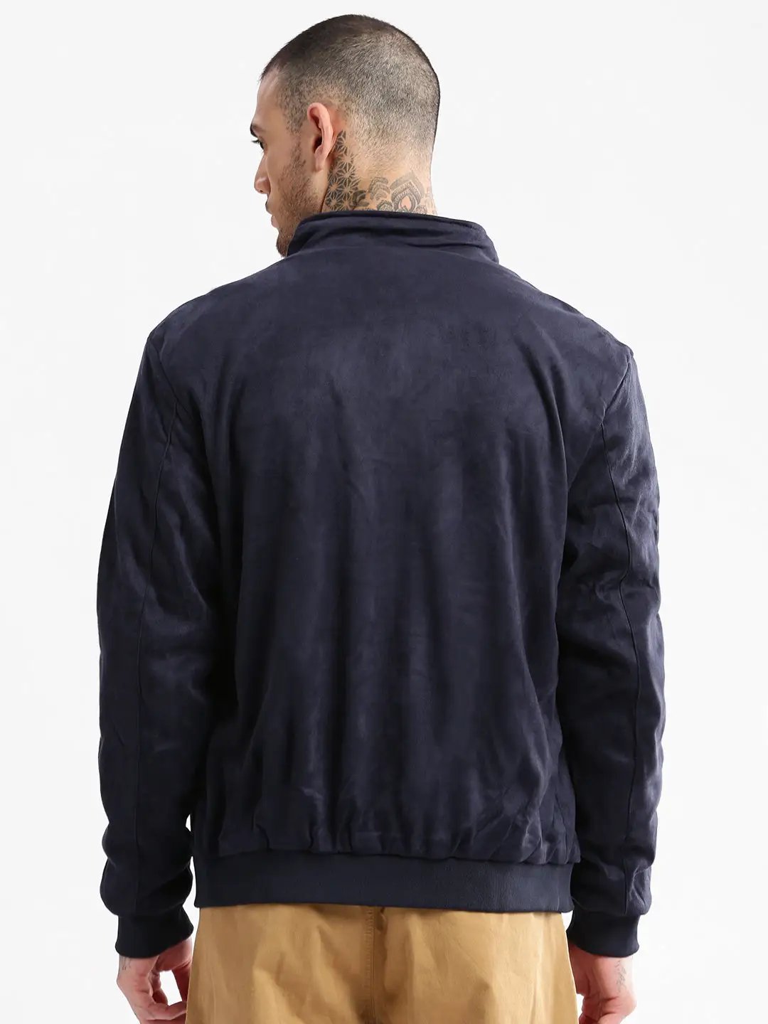 Men's Mock Collar Navy Blue Solid Tailored Jacket