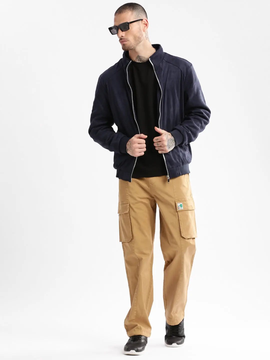 Men's Mock Collar Navy Blue Solid Tailored Jacket