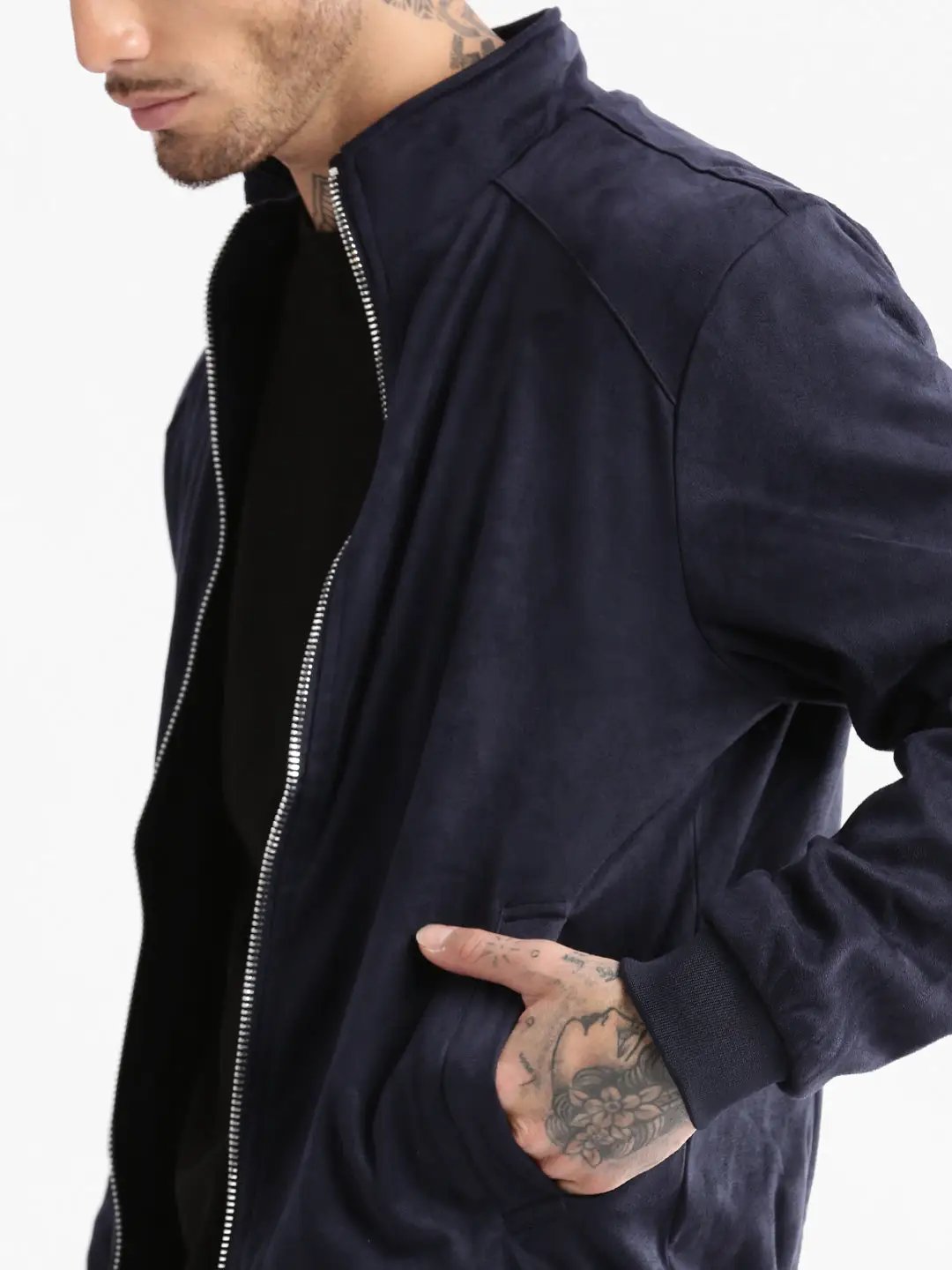 Men's Mock Collar Navy Blue Solid Tailored Jacket