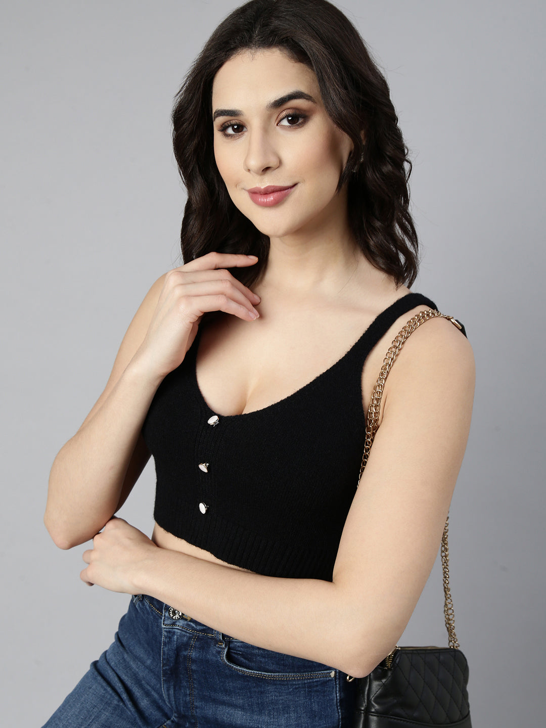 Women Solid Bralette Black Crop Top