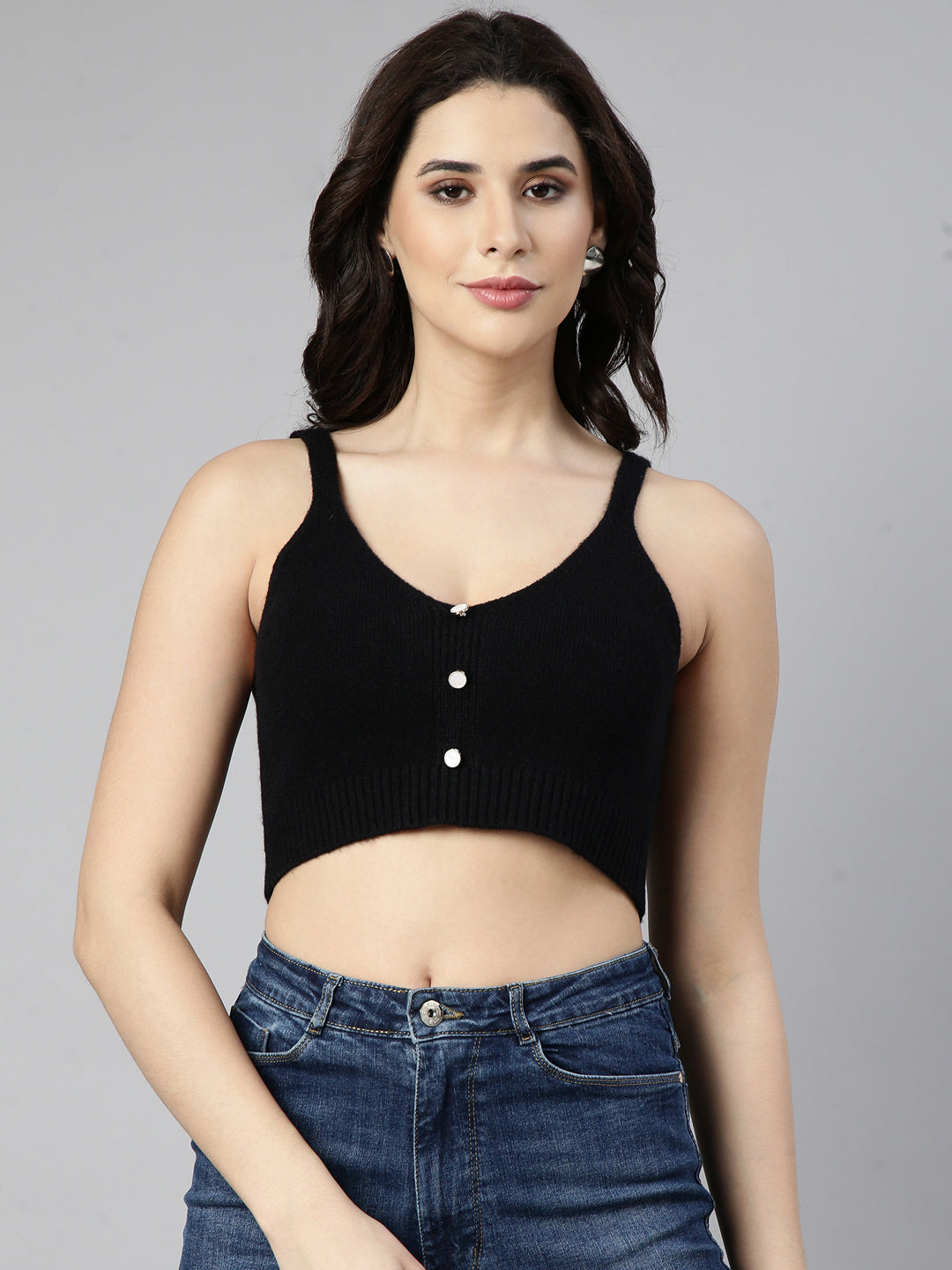 Women Solid Bralette Black Crop Top