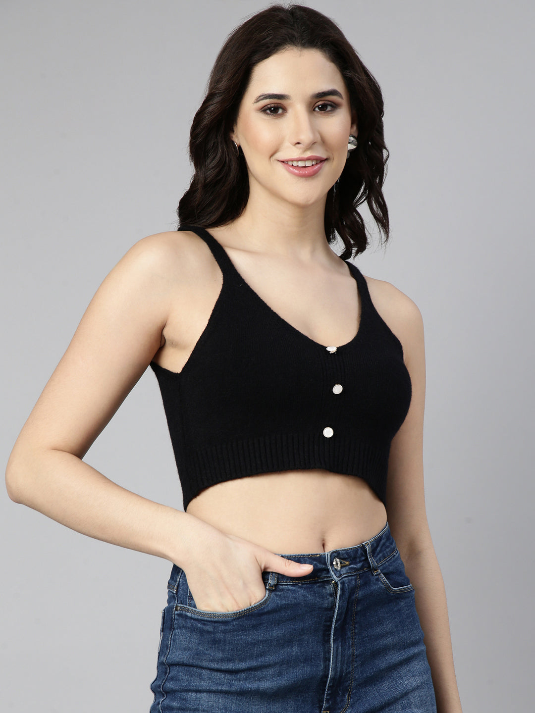 Women Solid Bralette Black Crop Top