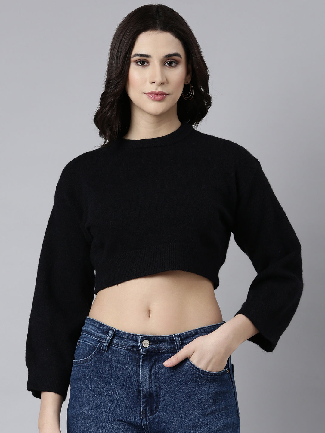 Women Solid Black Crop Top