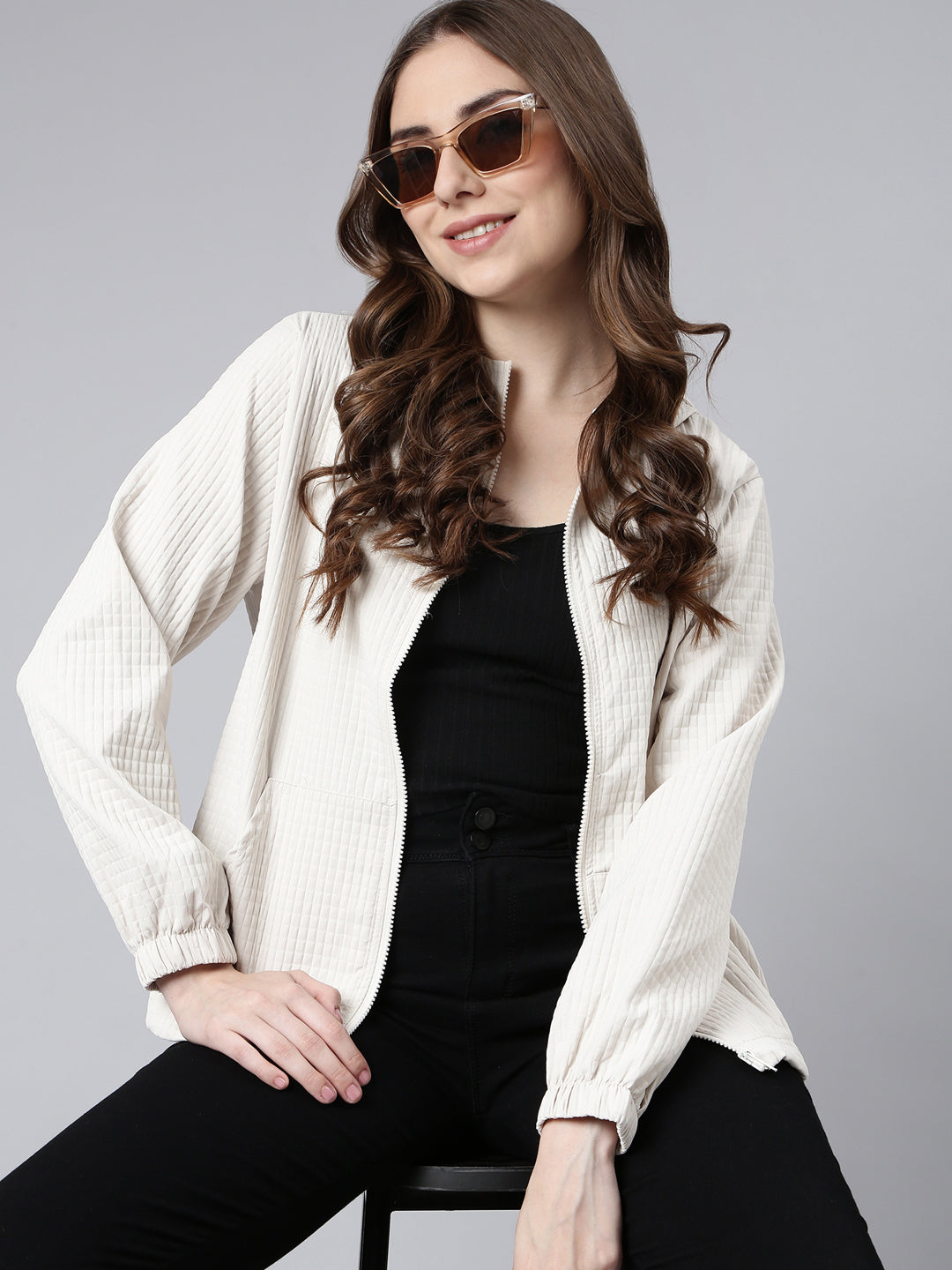 Women's Solid Beige Oversized Drop Shoulder Tailored Jacket
