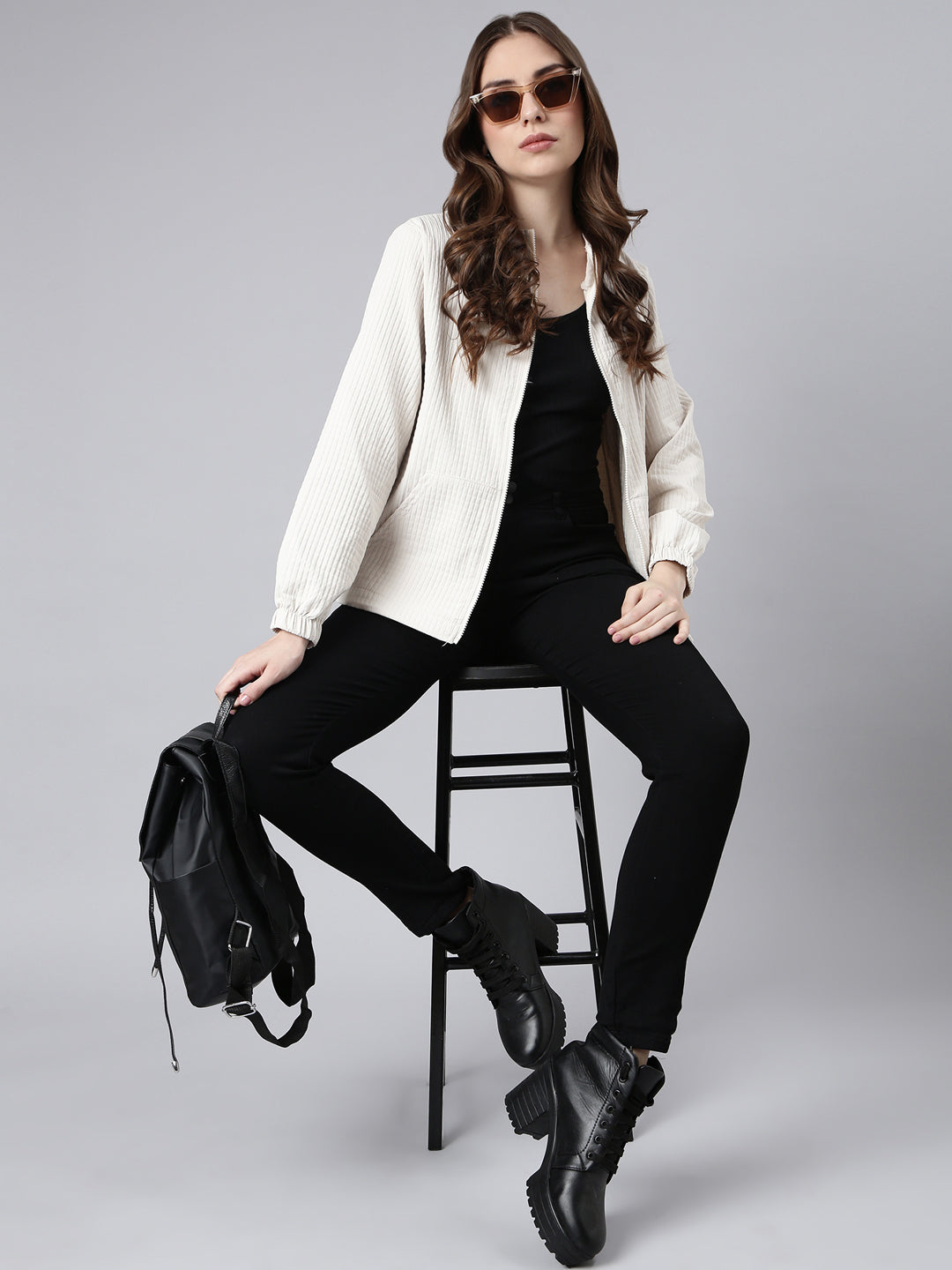 Women's Solid Beige Oversized Drop Shoulder Tailored Jacket