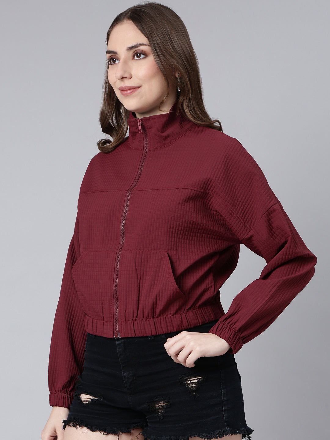 Women's Solid Maroon Crop Oversized Drop Shoulder Bomber Jacket