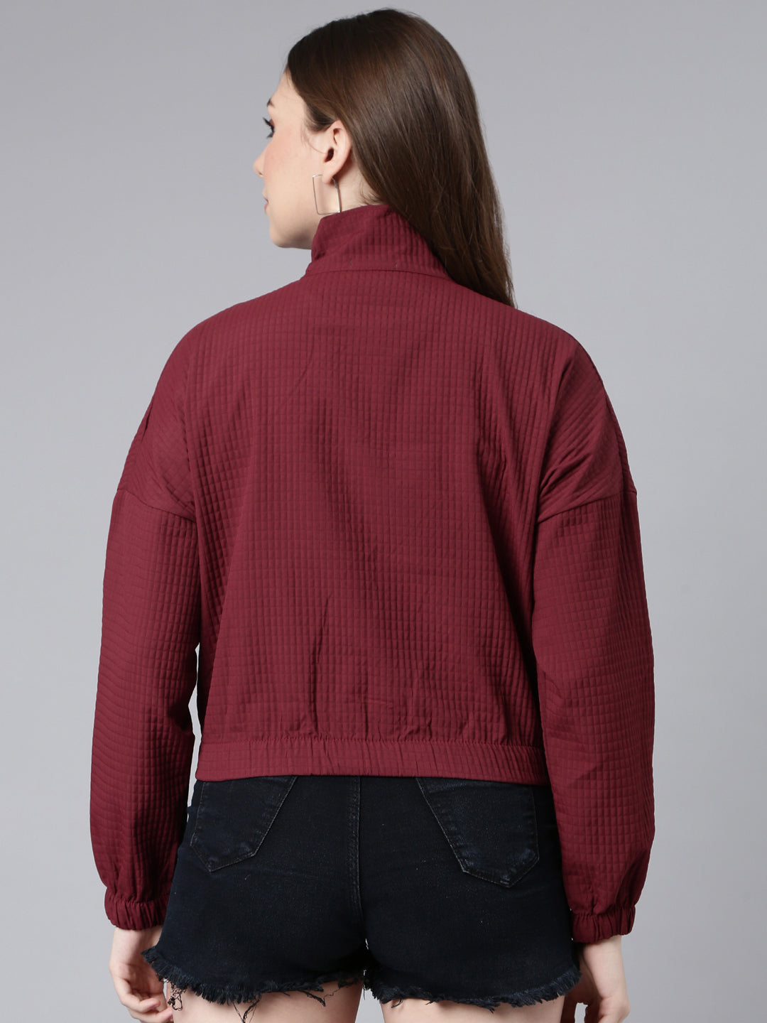 Women's Solid Maroon Crop Oversized Drop Shoulder Bomber Jacket