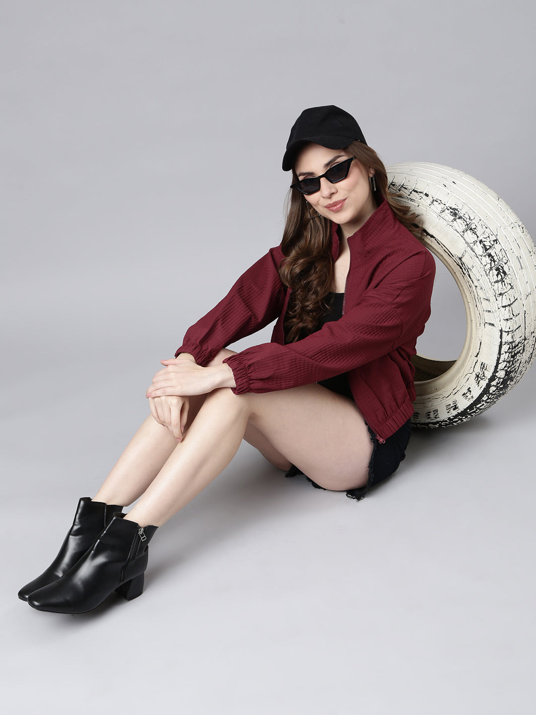 Women's Solid Maroon Crop Oversized Drop Shoulder Bomber Jacket