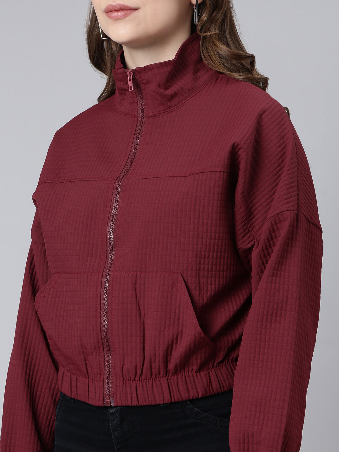 Women's Solid Maroon Crop Oversized Drop Shoulder Bomber Jacket
