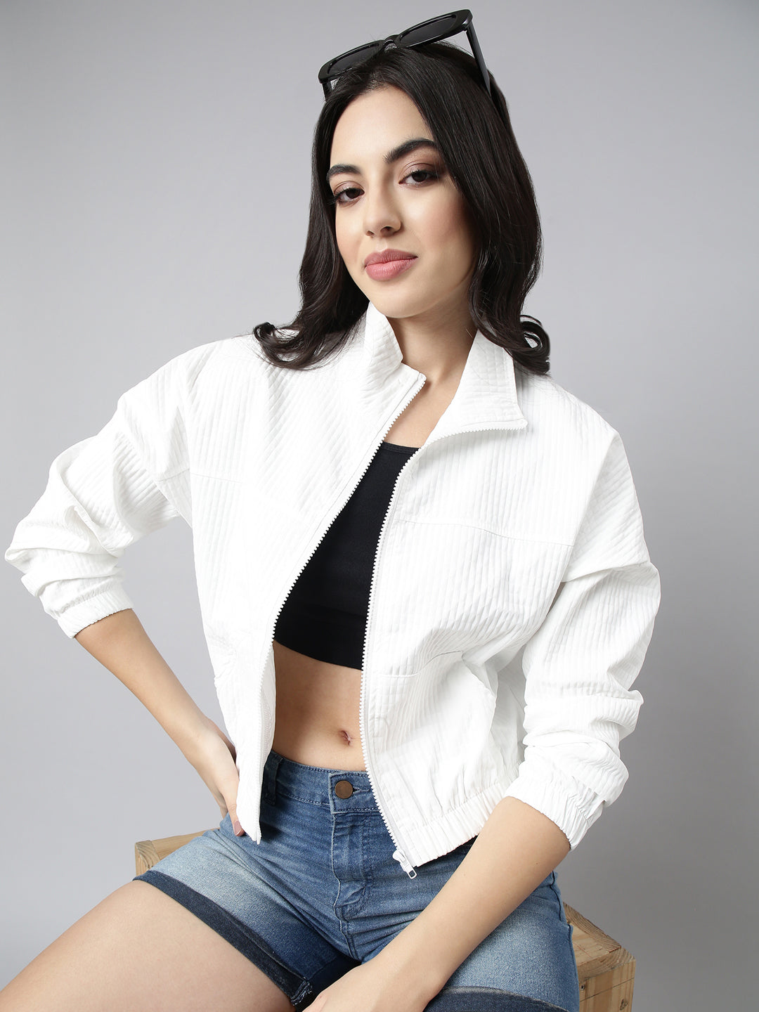 Women Solid White Crop Oversized Drop Shoulder Bomber Jacket